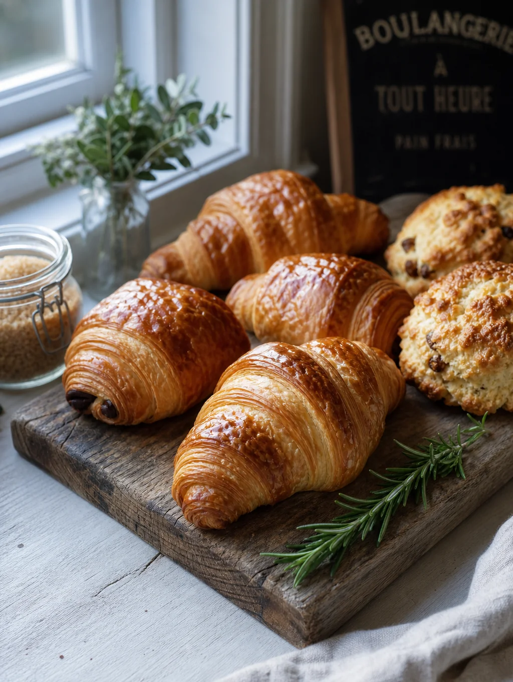 Freshly baked artisanal scones and pastries on a wooden board