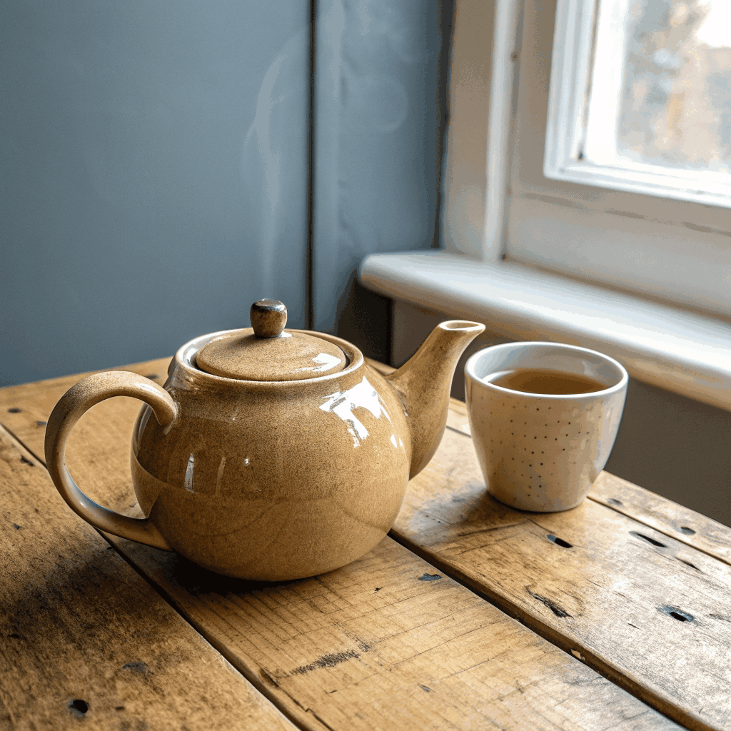 Ceramic teapot pouring freshly steeped tea