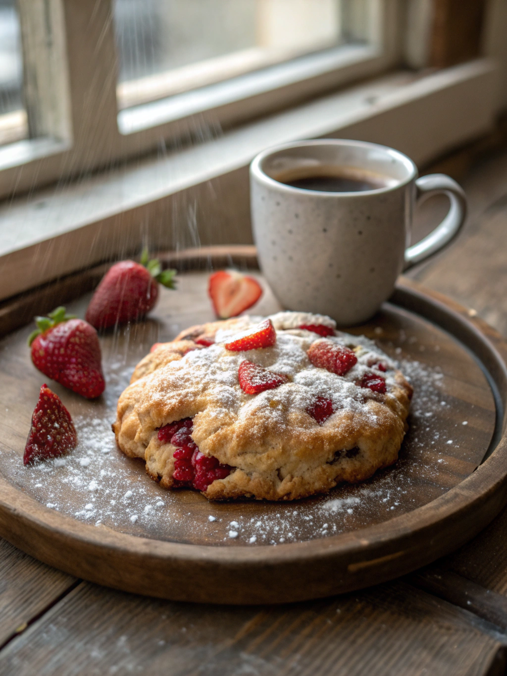 Warme scones geserveerd met clotted cream en verse aardbeien